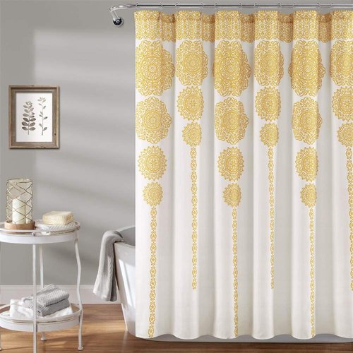 Lush Decor Stripe Medallion Shower Curtain-Fabric Mandala Bohemian Damask Print Design, 72" x 72", Yellow