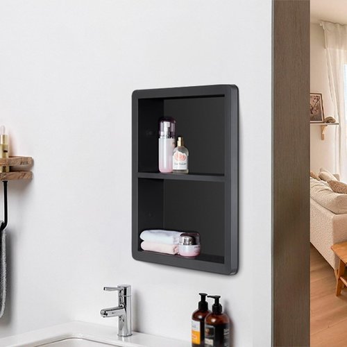 IDYLLOR Shower Niche 14x18, Recessed Medicine Cabinet Without Mirror, 304 Stainless Steel Bathroom Storage Cabinet with Shelf, Waterproof Wall Niche for Bathroom in Matte Black