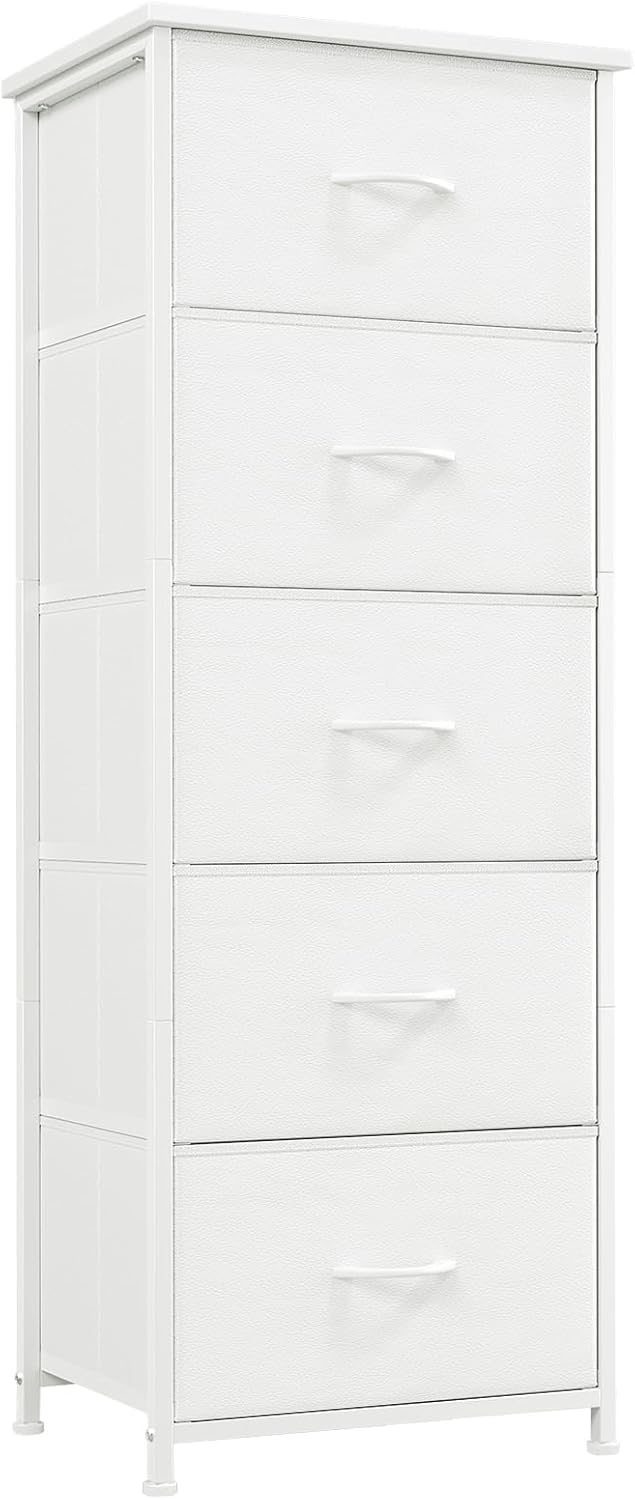 Somdot Tall Dresser - 5 Drawer Storage Organizer with Removable Fabric Bins | White Leather Finish
