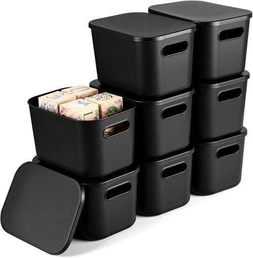 Hoolerry Colorful Storage Bins - 8 Piece Stackable Plastic Organizing Containers with Lids | Black, 9.8 x 7.1 x 6.3 Inch