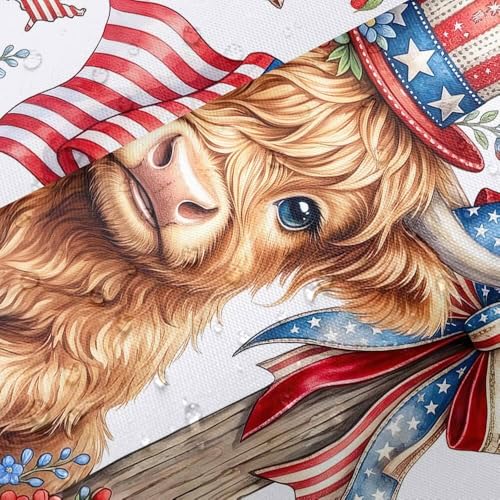 Torich 4th of July Highland Cow Patriotic Shower Curtain 72x72 Inch, Waterproof American Flag Farmhouse Bathroom Decor, Hooks Included