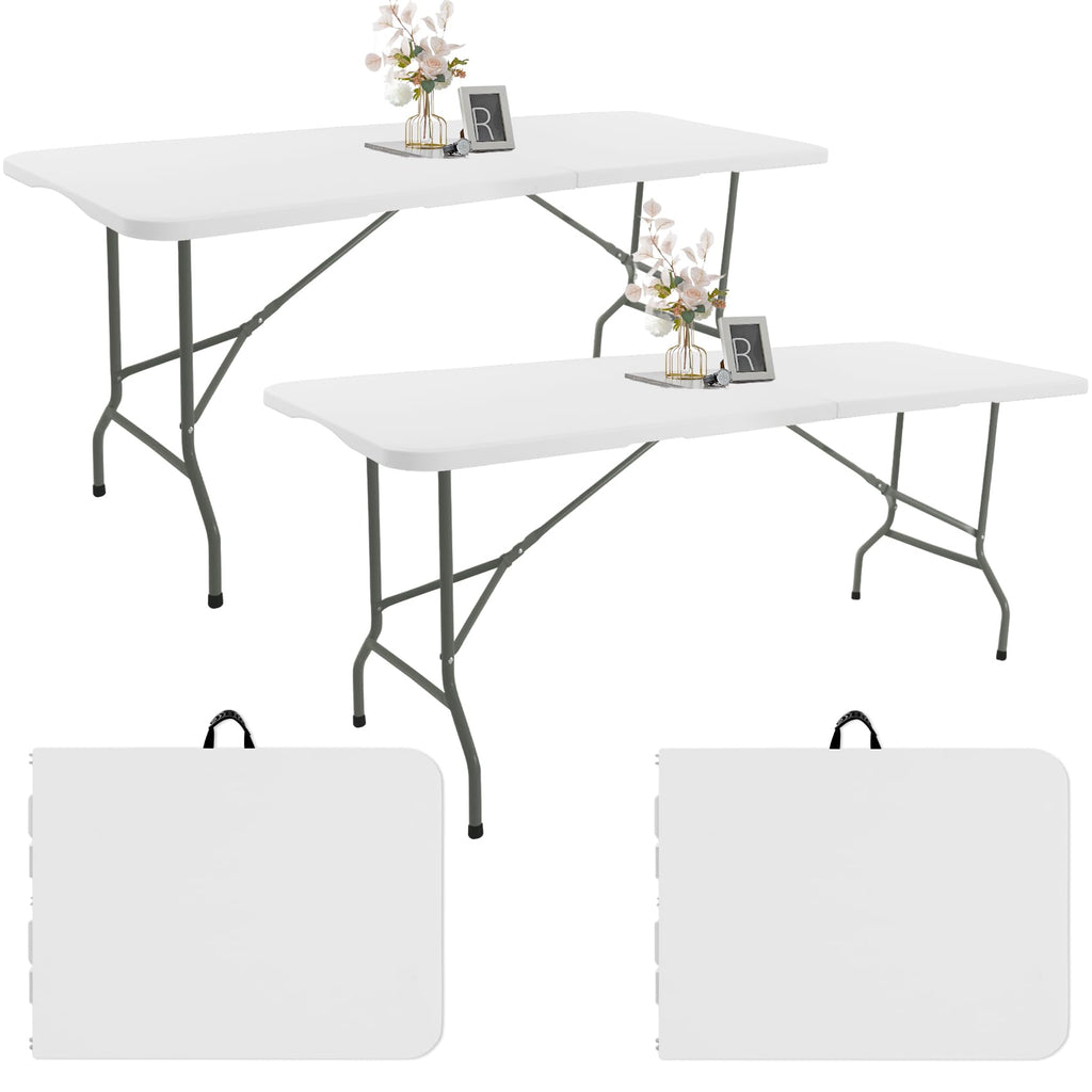 Fivenl 2 Pack 6 FT Folding Tables White Foldable Table, Fold-in-Half with Carrying Handle Portable Plastic Rectangular Table for Party, Dining, Wedding, Camping, Picnic, Indoor Outdoor Events