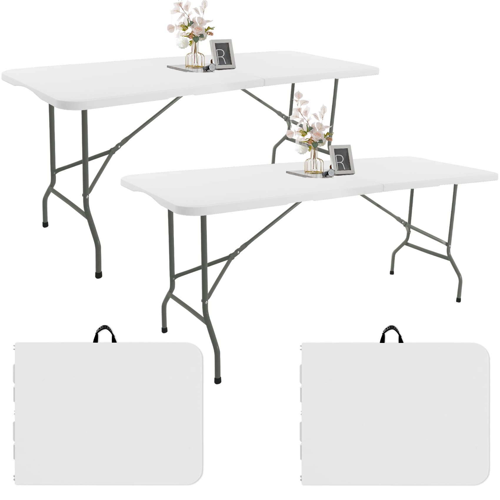Fivenl 2 Pack 6 FT Folding Tables White Foldable Table, Fold-in-Half with Carrying Handle Portable Plastic Rectangular Table for Party, Dining, Wedding, Camping, Picnic, Indoor Outdoor Events