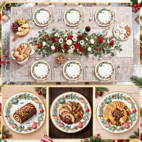 Christmas Paper Plates 100 Pcs 7 Inch White-Gold Wreath Design - Holiday Party Tableware