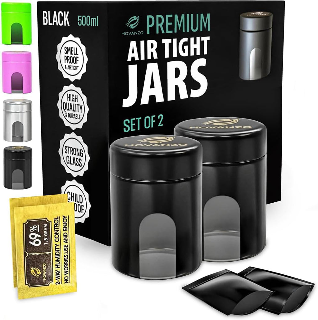 Premium Airtight Glass Storage Jars 500ml, 2 Pack, with 69% Humidity Control Packs - UV Air Tight Jars with Child-Resistant Lid - Airtight Jar Container, Air Tight Storage,Storage Jars for Herb/Spice