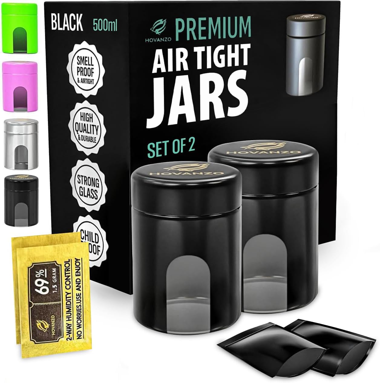 Premium Airtight Glass Storage Jars 500ml, 2 Pack, with 69% Humidity Control Packs - UV Air Tight Jars with Child-Resistant Lid - Airtight Jar Container, Air Tight Storage,Storage Jars for Herb/Spice