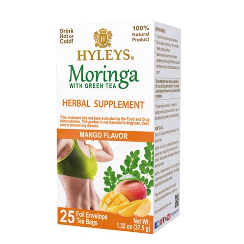 Hyleys Moringa Oleifera and Green Tea Mango Flavor - 25 Tea Bags (12 Pack - 300 Tea Bags total) - Superfood Miracle Tree Tea with Dried Moringa Oleifera Leaves