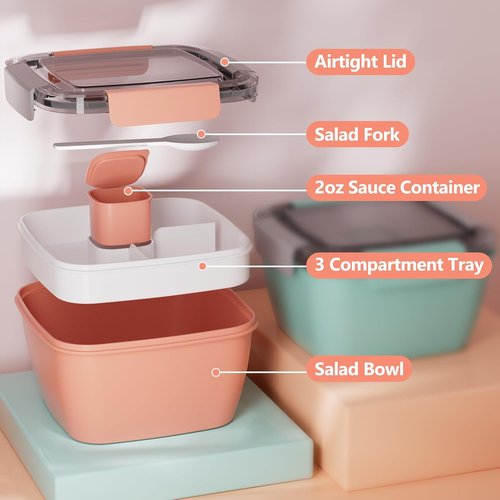 Cherrysea Salad Lunch Box - 2-Pack Bowls with 3 Compartments, Leak-Proof Design | Green & Pink