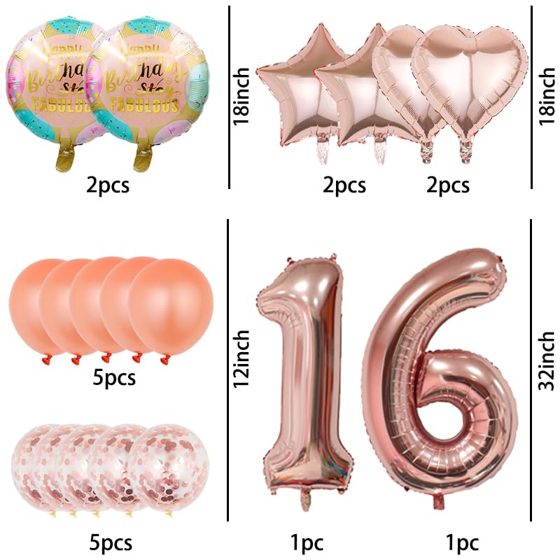 Rose Gold 16th Birthday Balloons Set - 18 Pcs Foil & Latex