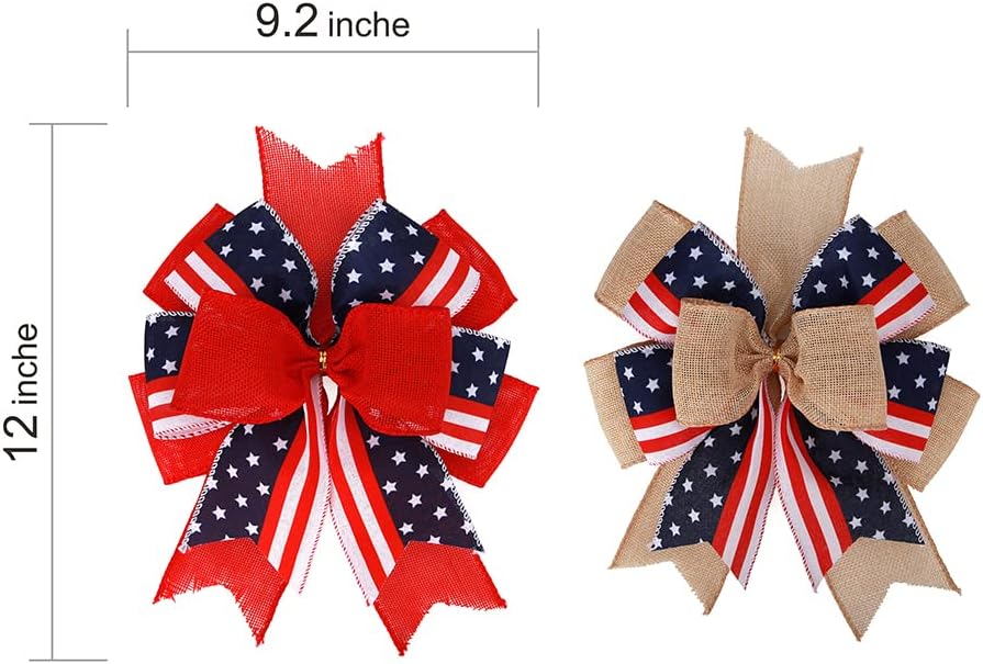 Meseey Patriotic Bows for Wreaths - Large Burlap Red, White & Blue Stripe Bow | 12” x 9.4” for 4th of July Decor