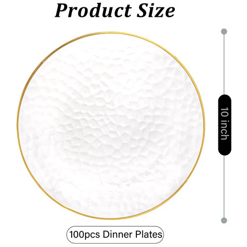 DaYammi 100 Pcs Gold Plastic Plates - 10 inch Clear Gold Dinner Plates Plastic Plates Disposable - Hammer Pattern Design - Fancy Disposable Plate - Heavy Duty Party Plate Ideal for Wedding