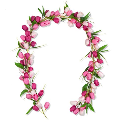 6.56FT Artificial Tulip Garland Spring Garland Easter Christmas Decorations with Flower Green Leaves Hanging Vines for Wall Home Wedding Indoor Outdoor Decor