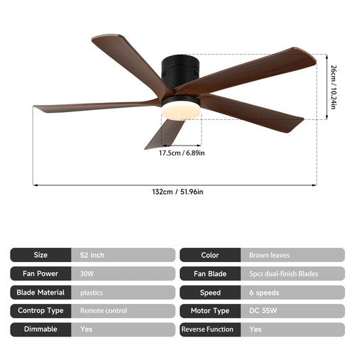 GreeLustr Low Profile Ceiling Fan with Light, 52-Inch Dimmable Fans for Dining Room Indoor Outdoor, Modern Industrial Ceiling Fans with Remote Control Flush Mount 3 Wood Grain Blades 6 Speeds Timer