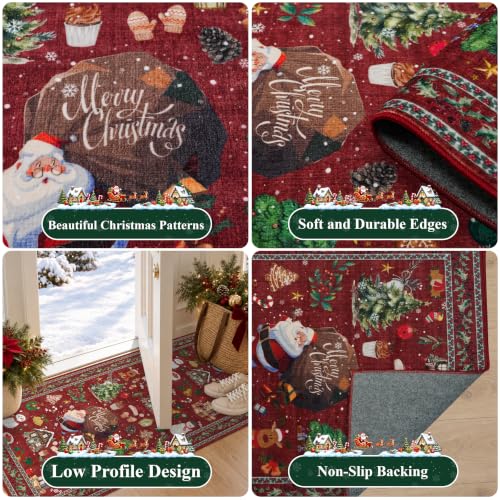 Christmas Kitchen Rugs Set of 3 Non-Slip Washable Holiday Runners - Red