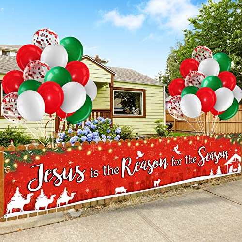 Nativity Christmas Banner with Balloons - Jesus is the Reason for the Season Holiday Decor