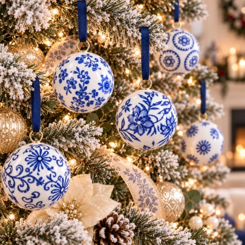 12 Pcs Blue & White Ceramic Chinoiserie Christmas Ornament Balls - 1.57 Inch