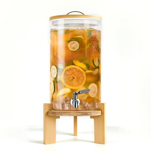 Beverage Dispenser 2.9 Gallon, Glass Drink Dispenser with Stand, Drink Dispensers for Parties, Beverage Dispenser with Wood Stand, Stainless Steel Spigot, for Parties,Bars,Restaurants (2.9 Gallons)