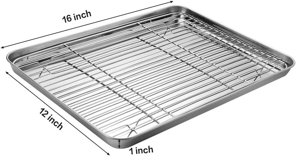 Skiennix Stainless Steel Baking Sheet Tray Set - Includes Cooling Rack & Silicone Mats | 16 x 12 Inch, Easy Clean