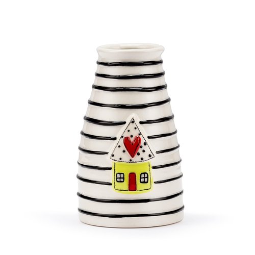 DEMDACO Black Stripe Yellow House with Heart 3 x 5 Stoneware Mini Decorative Vase