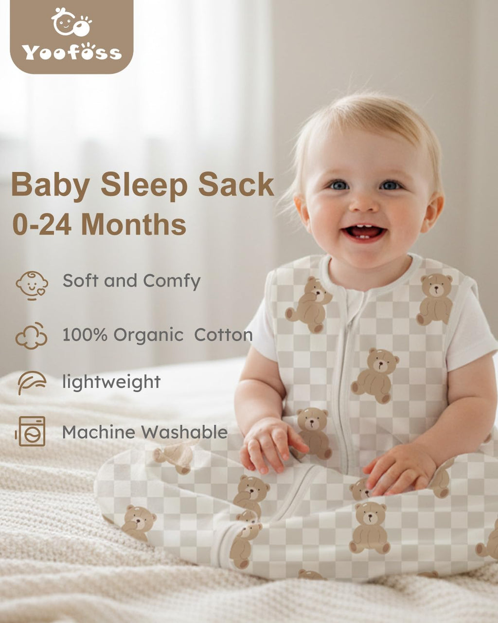 Yoofoss Baby Sleep Sack | 100% Organic Cotton Wearable Blanket for 18-24 Months | 2-Way Zipper, 3 Pack