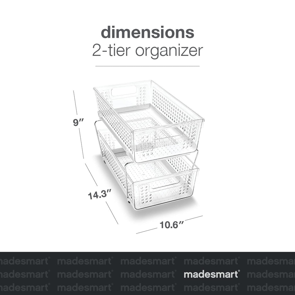 madesmart 2 Tier Organizer, Under Cabinet Storage with Pull Out Sliding Drawers, for Cleaning Supplies, Undersink Storage, Sponges, Bottles & Bath, Adjustable Dividers & Pull Out Baskets, Clear