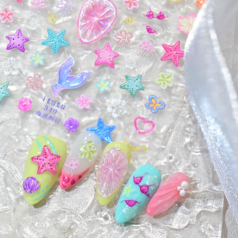 Quezadyl 5D Embossed Starfish & Flower Nail Stickers - 2 Sheets Summer Ocean Decals