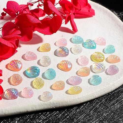 MEILINDS Iridescent Resin Seashell Nail Charms 100pcs 3D Mermaid Shell Art