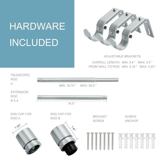 Byondeth Curtain Rods - Adjustable 16 to 88 Inches | 1 Inch Diameter with Aluminum End Cap - Silver Gray