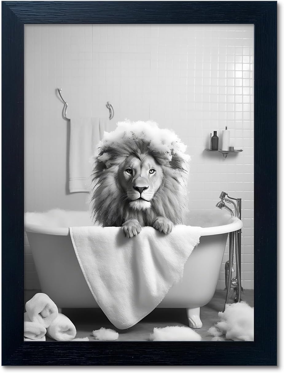 Regine Switzerland Black and White Lion Canvas Wall Art - Funny Bathroom Decor Print | Framed Animal Artwork