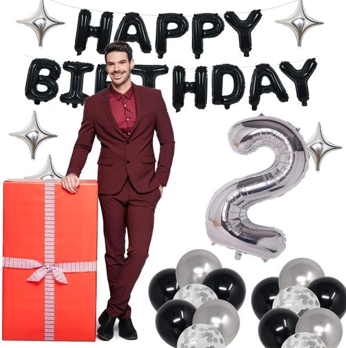 30th Birthday Party Decorations | Black & Silver Theme with Banner, Balloons & Foil Stars