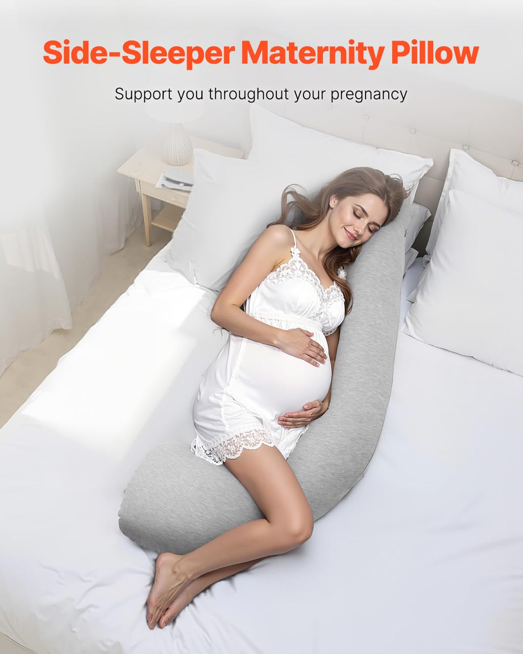 VEVOR Pregnancy Pillow - L-Shaped Maternity Body Pillow for Side Sleeping | Soft, Breathable, Washable Jersey Cover - Light Gray