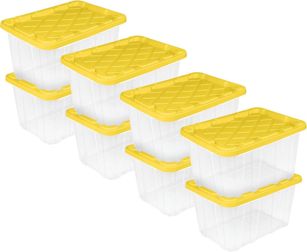 Sterilite 27 Gallon Industrial Tote - 8-Pack Clear Plastic Storage Bins with Yellow Lids for Heavy-Duty Organization