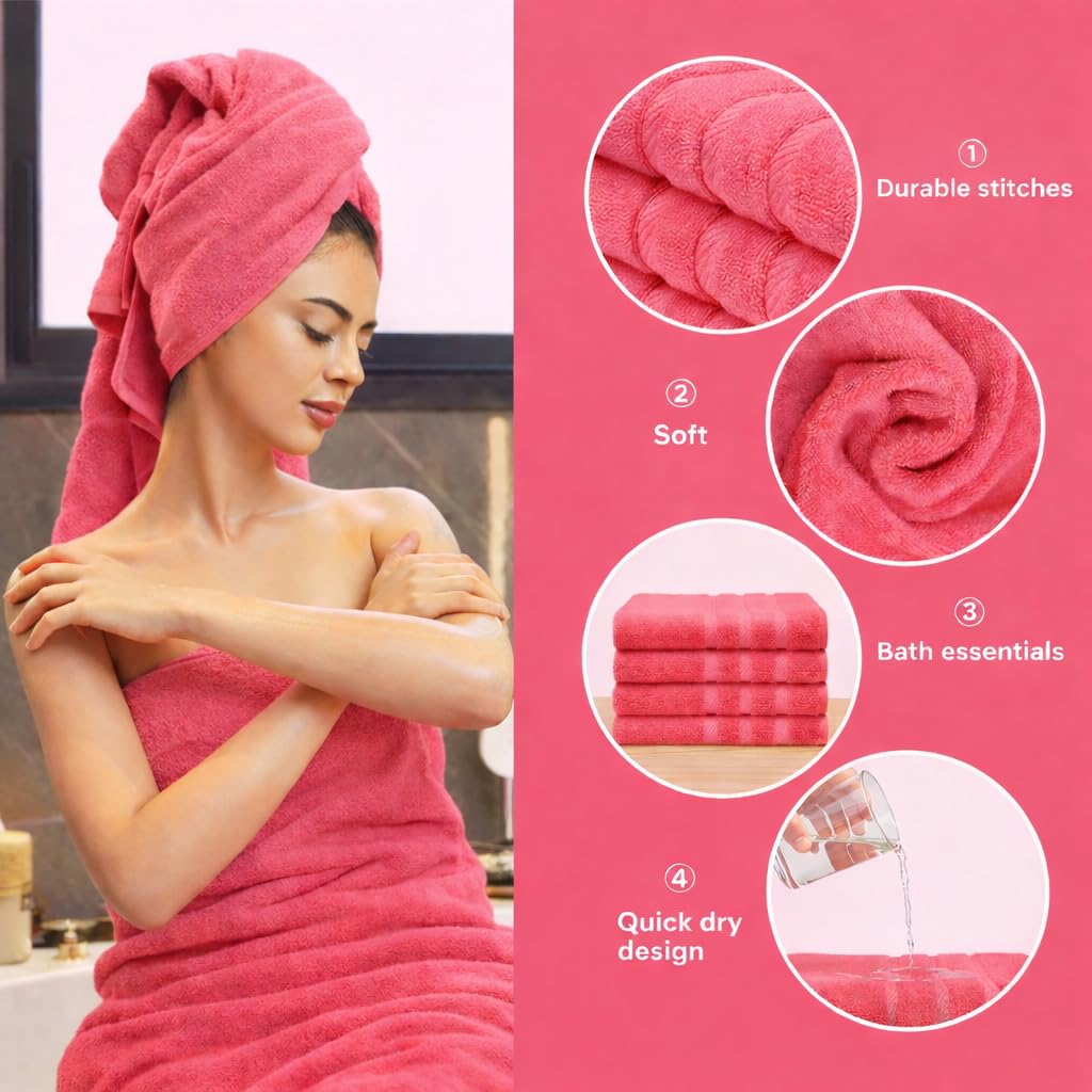 Bath Towels 27x54 – Pack of 4 | Soft & Quick-Dry | Highly Absorbent 100% Ring Spun Cotton Towels for Bathroom, Spa, Home & Hotel Use (Pink)