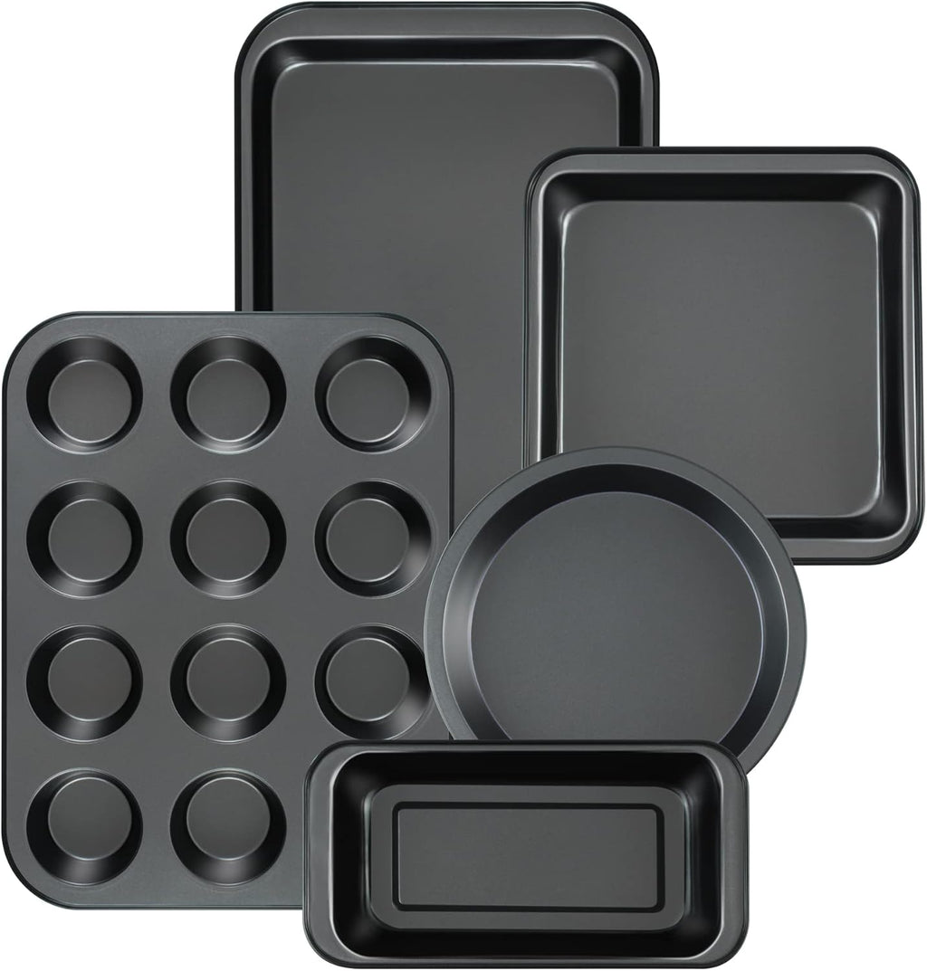 Mobzio Kitchen Nonstick Bakeware Set - 5-Piece Round & Square Cake Pans, Muffin Pan, Loaf Pan & Baking Sheets