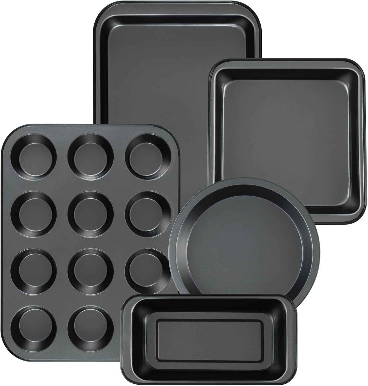 Mobzio Kitchen Nonstick Bakeware Set - 5-Piece Round & Square Cake Pans, Muffin Pan, Loaf Pan & Baking Sheets