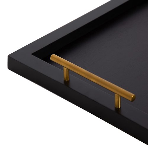 Kate and Laurel Halsey Rectangle Decorative Wooden Tray with Polished Metal Handles; 17 x 13; Black and Gold; Modern Glam Wood Rectangular Serving Tray for Display or Decoration