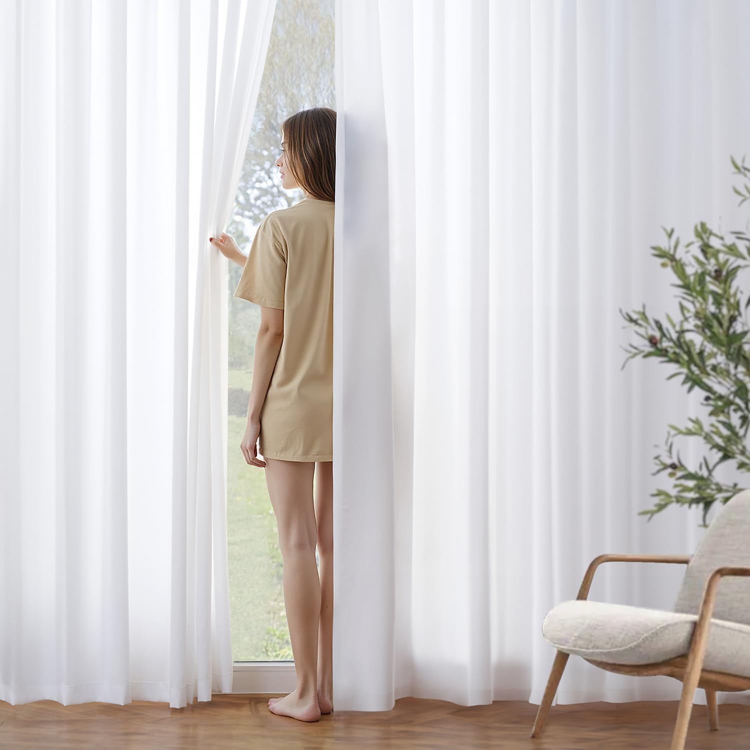 MIULEE White Sheer Curtains - Light Filtering Privacy Drapes, 84 Inches Long, 2 Panels Set
