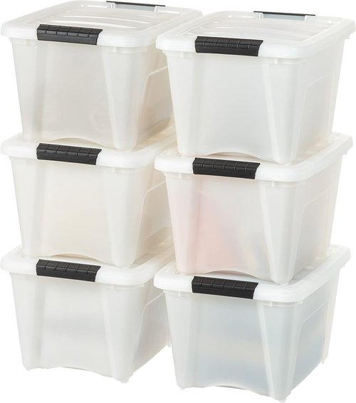 IRIS USA Stackable Plastic Storage Bins - 19 Qt, BPA-Free, Durable Lids, 6 Pack - Pearl Color