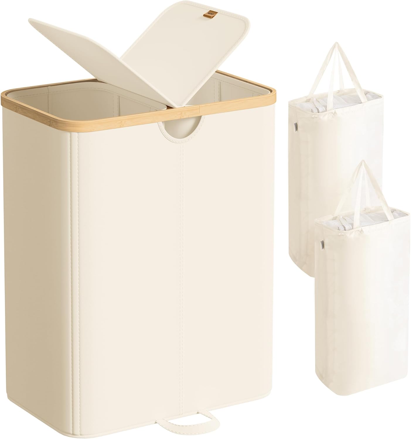 SONGMICS Laundry Hamper - 39 Gal. Dual Compartment Basket with Removable Liner Bag - Cream White & Light Bamboo