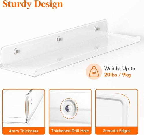 Lifewit Floating Shelves - Acrylic Wall Organizer for Makeup & Decor | 14" Clear Rack, 4 Pack
