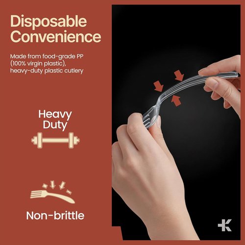 Bakken Disposable Cutlery Set 1000 Pieces Forks, Heavy Duty Plastic Silverware, BPA-Free Food-Grade Materials, Heat-Resistant, Reusable Utensils for Parties, Catering, BBQs, and Everyday Use, Clear