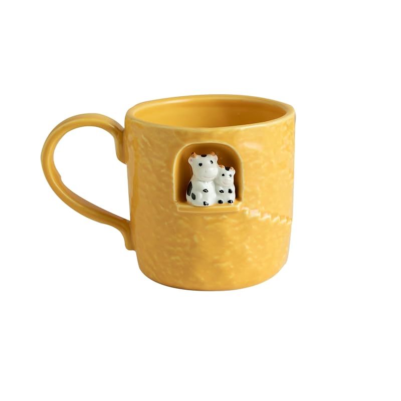 Dihoclub Yellow Parent-Child Cow Ceramic Coffee Mug — 14 oz Handcrafted Tea Cup with Window Sill Sculpture
