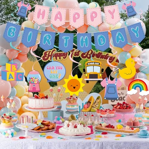 Cartoon Happy Birthday Banner and Hanging Swirls Party Decor Set