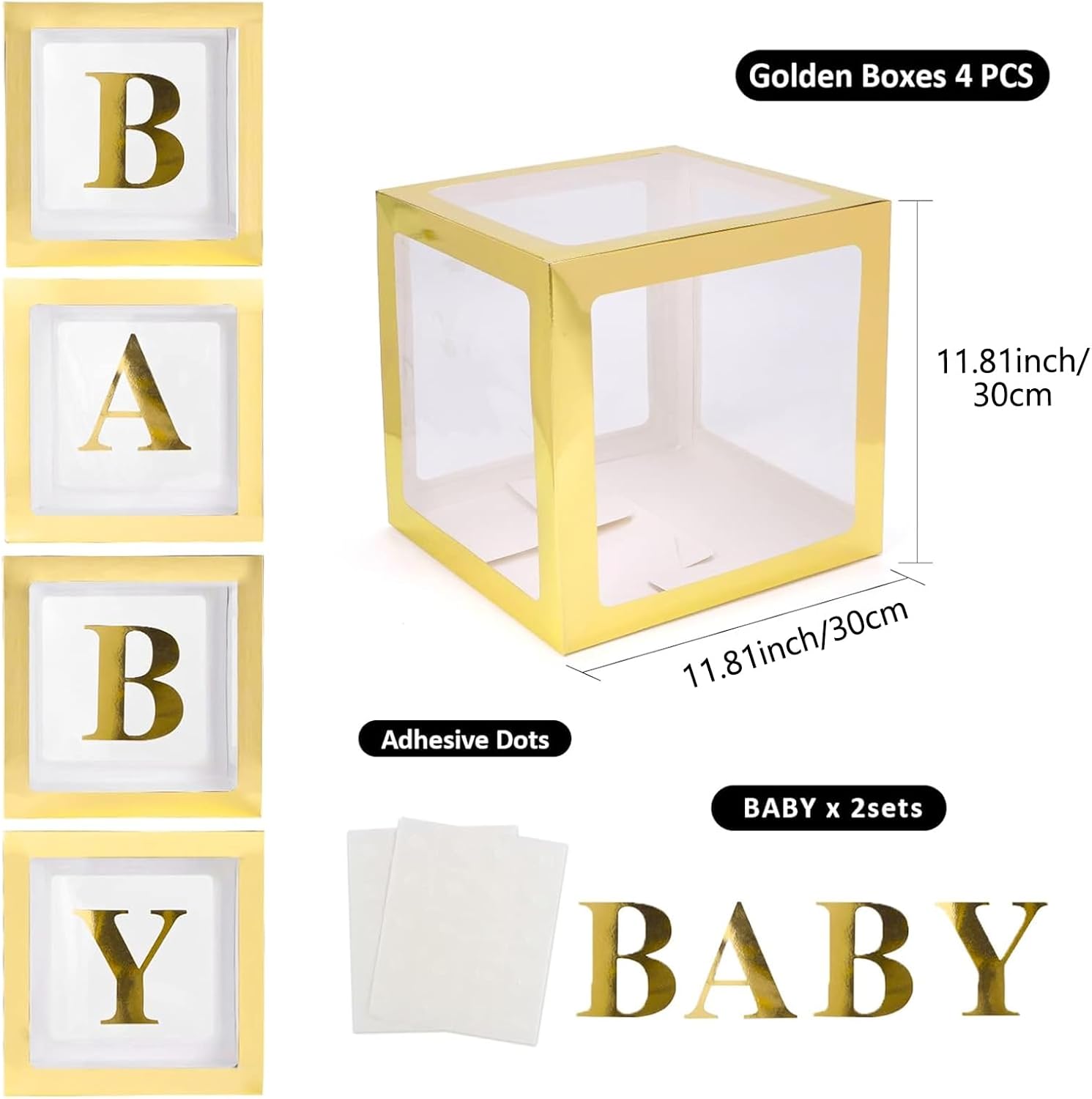 Voircoloria Baby Boxes - 4 Transparent Balloon Boxes with Letters for Baby Shower & Gender Reveal (Gold)