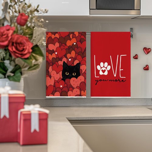 Artoid Mode Black Cats Red Hearts Paw Print Valentine's Kitchen Towels Dish Towels, 18x26 Inch Anniversary Wedding Decoration Cleaning Set of 4
