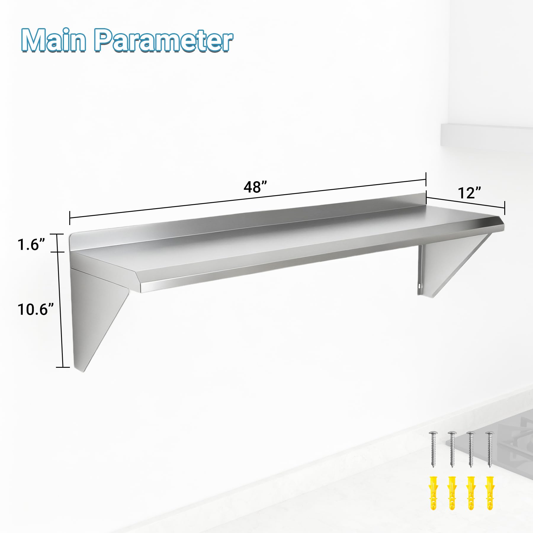 Toriexon Stainless Steel Shelf 12" x 48" - 2 Pack, 350LBS Wall Mounted Commercial Stainless Steel Shelves, Stable Stainless Wall Shelf for Kitchen, Bar, Restaurant and Garage