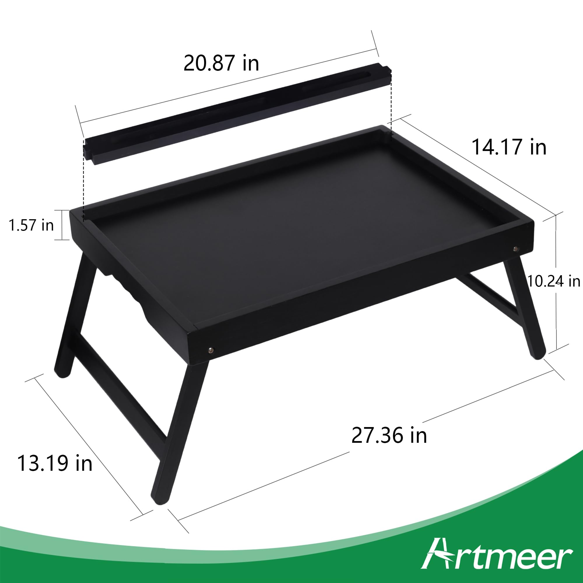 Artmeer Bed Tray Table with Folding Legs, Bamboo Breakfast Food Tray with Media Slot, Use As Platter, Laptop Desk, Snack, TV Tray Kitchen Serving Tray (Black Extra-Large Size)