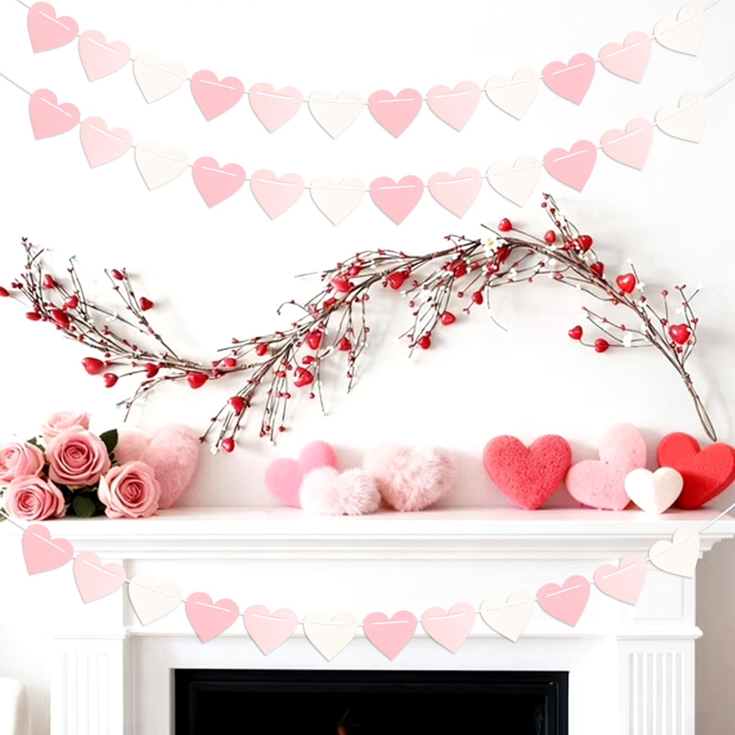 Pink-White Girls Birthday Party-Decorations Streamers-Garland - 40Ft Heart Galentines Hanging Paper Banner,Valentines Baby Bridal Shower Bachelorette Anniversary Mothers Day Supplies Decor Ouruola