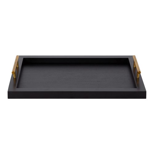 Kate and Laurel Halsey Rectangle Decorative Wooden Tray with Polished Metal Handles; 17 x 13; Black and Gold; Modern Glam Wood Rectangular Serving Tray for Display or Decoration