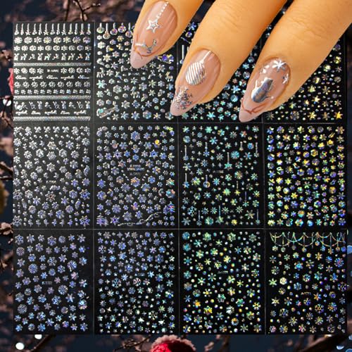 Nudurom 36 Sheets Christmas Snowflake Nail Stickers, Self-Adhesive Winter Holiday Nail Art Decals in White Silver Gold